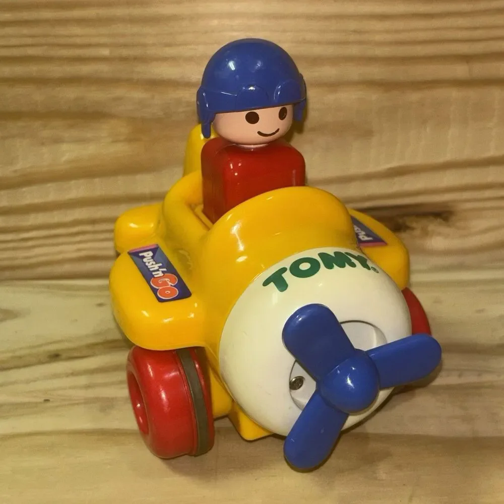 Vintage 1991 Tomy Push N Go Airplane Toy Baby Einstein Moving Pilot Yellow Works